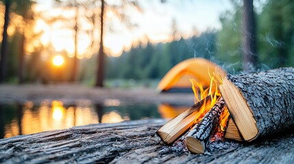A campfire burns on a log in a forest setting near a lake at sunset, with a tent in the background. The scene evokes warmth and tranquility.