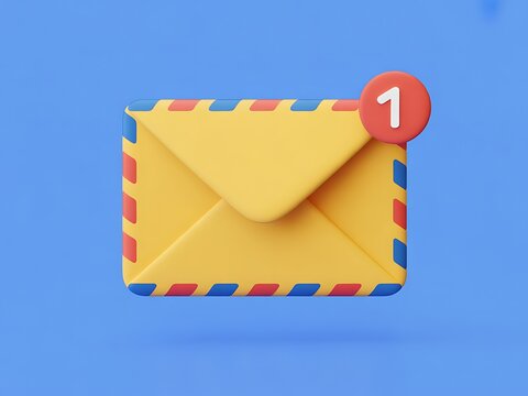 A vibrant yellow envelope displays a notification with the number one against a blue backdrop