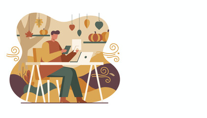 Man working remotely on laptop phone and tablet in a cozy autumnthemed flat design illustration
