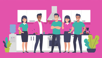 Obraz premium Diverse team smiling in a cheerful office break room Business communication and teamwork concept