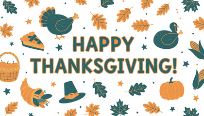 Happy Thanksgiving greeting card design with festive fall harvest elements and turkey illustration