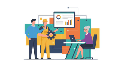 Professionals analyzing production data engineering management and technology teamwork