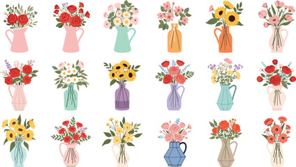 PrintFlower bouquet in vase vector collection set, flat style spring summer floral arrangement, colorful garden blossom graphic, home decoration gift element, isolated.