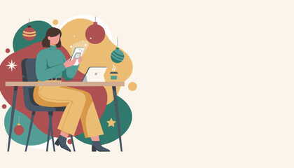 Woman uses phone for holiday shopping or remote work at a desk with festive decorations Vector illustration