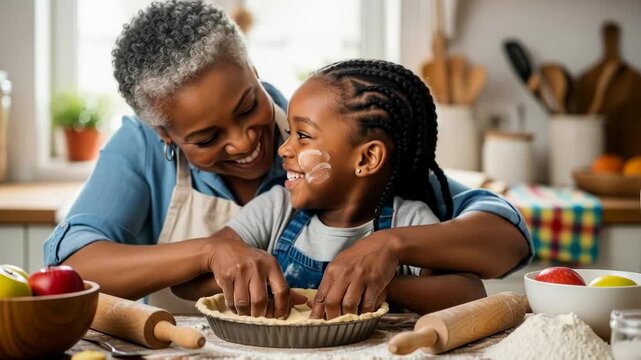 Grandmother and child bonding while preparing pie in cozy kitchen setting