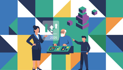 Business team analyzes growth data for 2026 strategy using control panel and holographic display