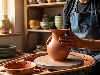 Skilled artisan carefully shaping a wet clay vase on a spinning pottery wheel in a workshop