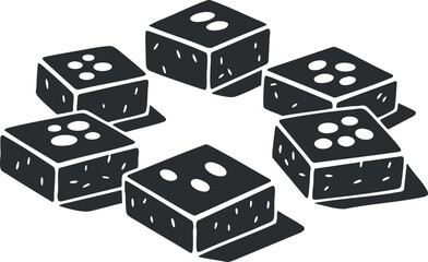 A collection of six dice showing different numbers in black and white minimalist vector style, ideal for gaming and entertainment design
