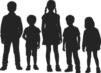 WebGroup of Diverse Children Silhouettes Standing Together, Representing Childhood, Growth, and Community, Ideal for Educational and Family-Oriented Projects, Vector Illustration.