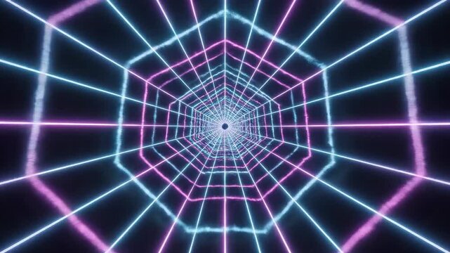 ﻿Seamlessly looping endless tunnel constructed of vibrant electric cyan and magenta neon light grids moving toward the viewer endless, futuristic, backdrop