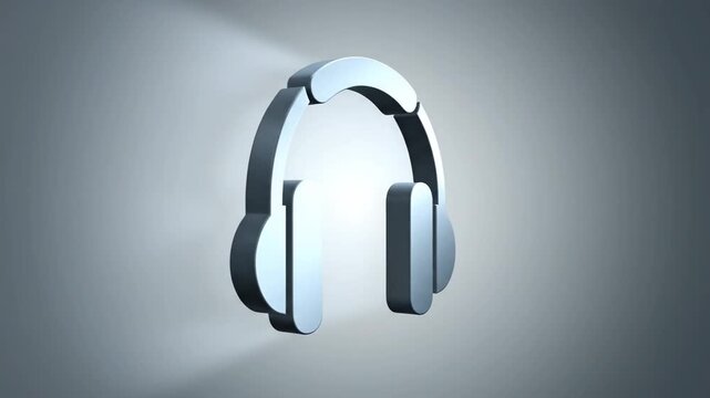 Metallic Dark Grey Headphones Icon Animation Rotating on a Smooth Grey Gradient Background