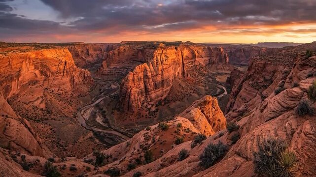 A deep canyon with rock formations at sunset with a dramatic sky.
