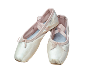 Pair of satin ballet pointe shoes dance footwear with ribbons and elastic straps isolated on white background