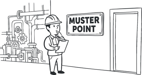 An engineer holding a clipboard near a muster point sign in a black and white outline vector style, suitable for safety training materials