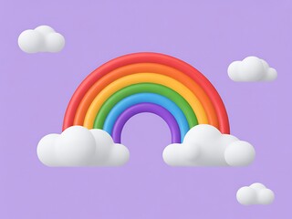 A colorful rainbow sits between soft white clouds against a pastel purple background