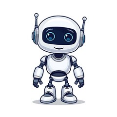 Adorable cartoon robot with big blue eyes and antennas standing against a white background representing artificial intelligence and technology