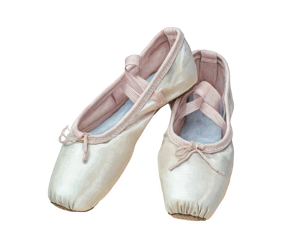 Pair of satin ballet pointe shoes dance footwear with ribbons and elastic straps isolated on white background