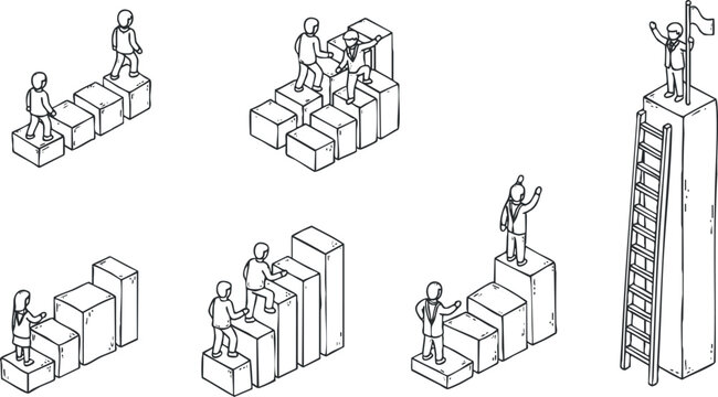 A set of people climbing stairs and a ladder in minimalist line art vector style, ideal for business growth concepts and motivational themes