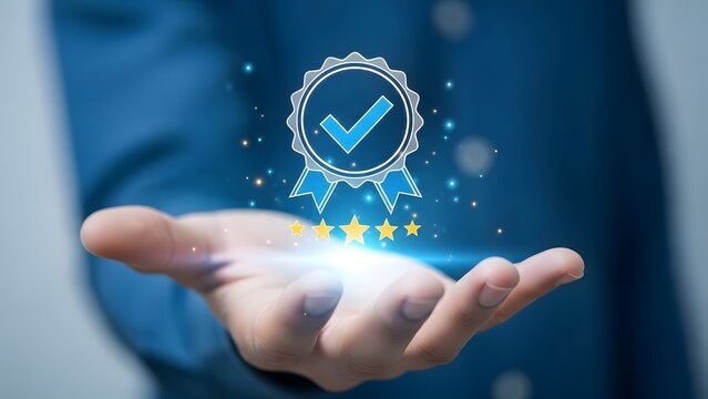 Hand holding hologram of approval badge with checkmark and stars
