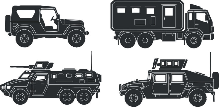 A collection of military and off-road vehicles including a jeep, truck, and humvee in black and white vector style, suitable for transportation and vehicle graphics