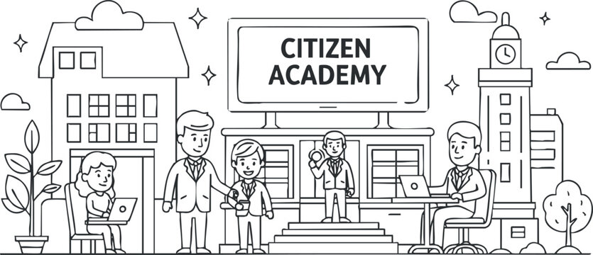 A scene depicting a diverse group of people engaging in learning activities at Citizen Academy, illustrated in a clean lineart vector style, suitable for educational materials