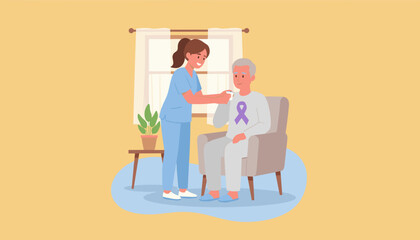 Caregiver assists elderly patient with purple ribbon Alzheimers awareness taking medication