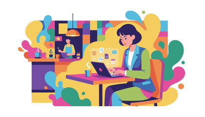 Professional woman uses laptop for remote work in a colorful cafe illustration