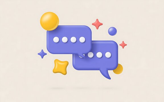 Two purple speech bubbles display white dots, with surrounding yellow and red shapes