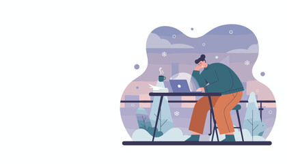 Freelancer working remotely on a cold winter balcony with a laptop and coffee