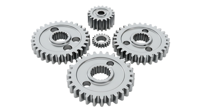 Collection of five metallic grey gears, varying sizes arranged in a circular pattern, cutout, PNG isolated on white or transparent background