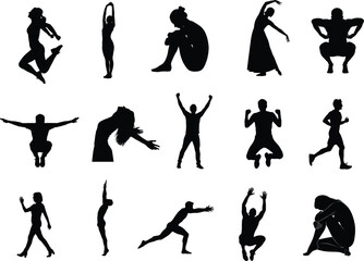 Silhouette collection of people in various poses on a white background