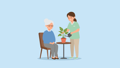 Elderly woman watches nurse water houseplant Home health assisted living and retirement care