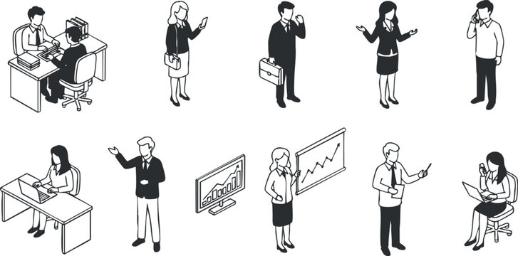 A collection of business professionals engaged in various activities in black and white minimalist vector style, suitable for corporate presentations and marketing materials