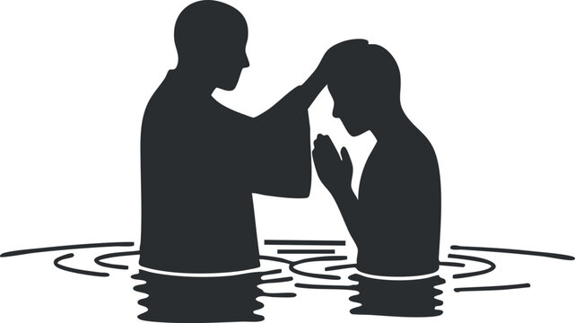 A silhouette of a baptism ceremony with a person being baptized in water, depicted in a minimalistic vector style, suitable for religious themes and spiritual contexts