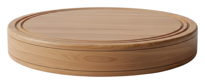 Stylish wooden round tray modern kitchen product top view isolated on transparent background