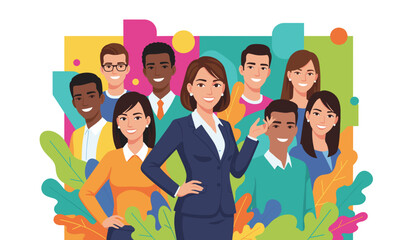 Diverse business team with confident female leader Collaboration corporate culture and unity illustration