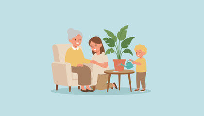Multigenerational family care Grandma mother and child supporting each other at home