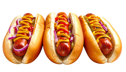 Isolated Trio of Gourmet Hot Dogs with Toppings - Close-Up American Fast Food with Mustard, Onion, and Pickles