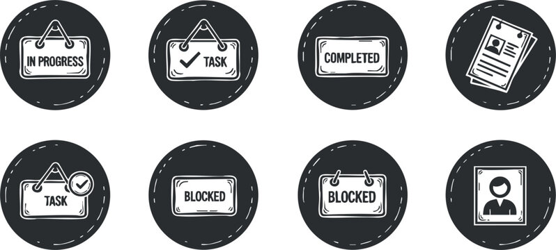 A set of task status icons featuring 'In Progress', 'Task', 'Completed', and 'Blocked' in flat black and white vector style, ideal for project management and workflow design