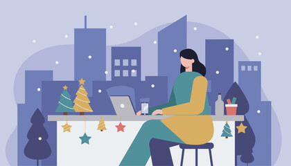 Remote worker using laptop in a snowy urban Christmas setting Holiday business concept