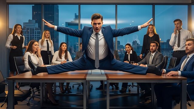 Overconfident Businessman Doing a Full Splits Stunt on a Conference Table During a Shocked Board Meeting