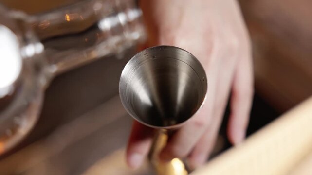 Bartender Using Steel Jigger Measure for Pouring Wine and Cocktails in Professional Bar