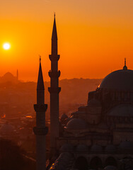 Suleymaniye Mosque (Suleymaniye Cami) in the Magnificent Sunrise Lights Drone Photo, Istanbul Silhouettes Suleymaniye, Fatih Istanbul, Turkiye (Turkey)