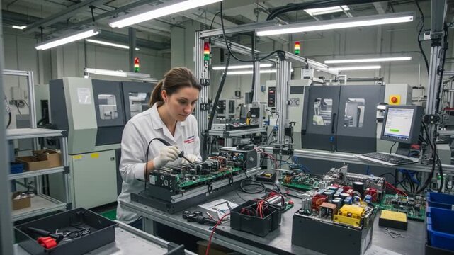Woman in lab coat soldering electronic components on a workbench with industrial machinery in background