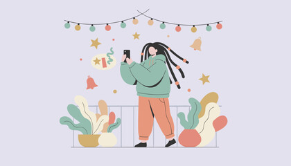 Young person recording festive balcony decor with a phone Lifestyle holiday celebration