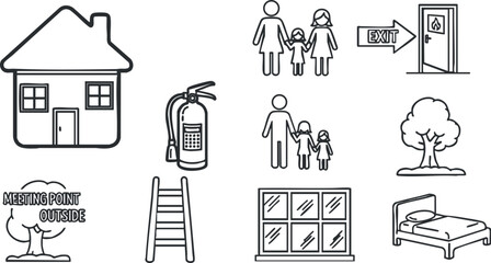 A collection of safety and emergency icons including a house, family, exit sign, fire extinguisher, and more in minimalist vector style, suitable for safety signage and educational materials