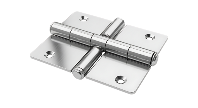 Brushed Stainless Steel Butt Hinge, Four Screw Holes, cutout, PNG isolated on white or transparent background
