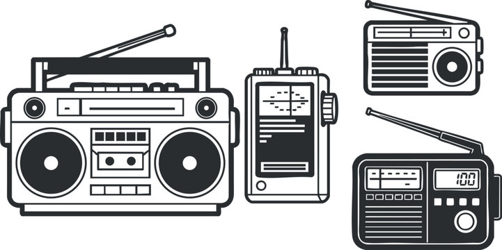 A collection of radios and a boombox in clean black outline vector style, ideal for music and technology themed designs