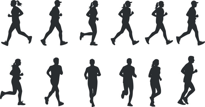 A collection of running silhouettes depicting various jogging poses in a minimalist black and white vector style, ideal for fitness and sports-themed designs