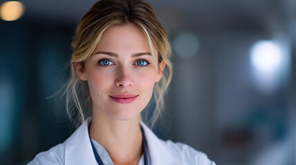 A confident young female doctor smiling in a white coat, embodying professionalism and trust in healthcare.
